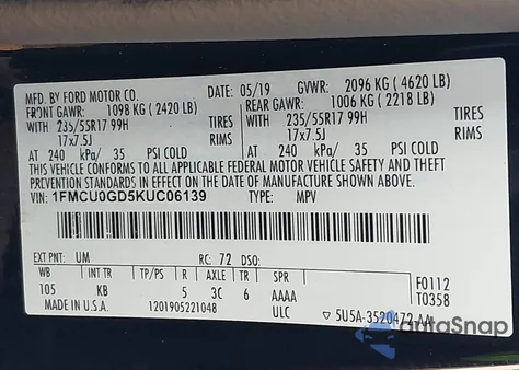 2019 Ford Escape Se from USA, damaged, VIN 1FMCU0GD5KUC06139